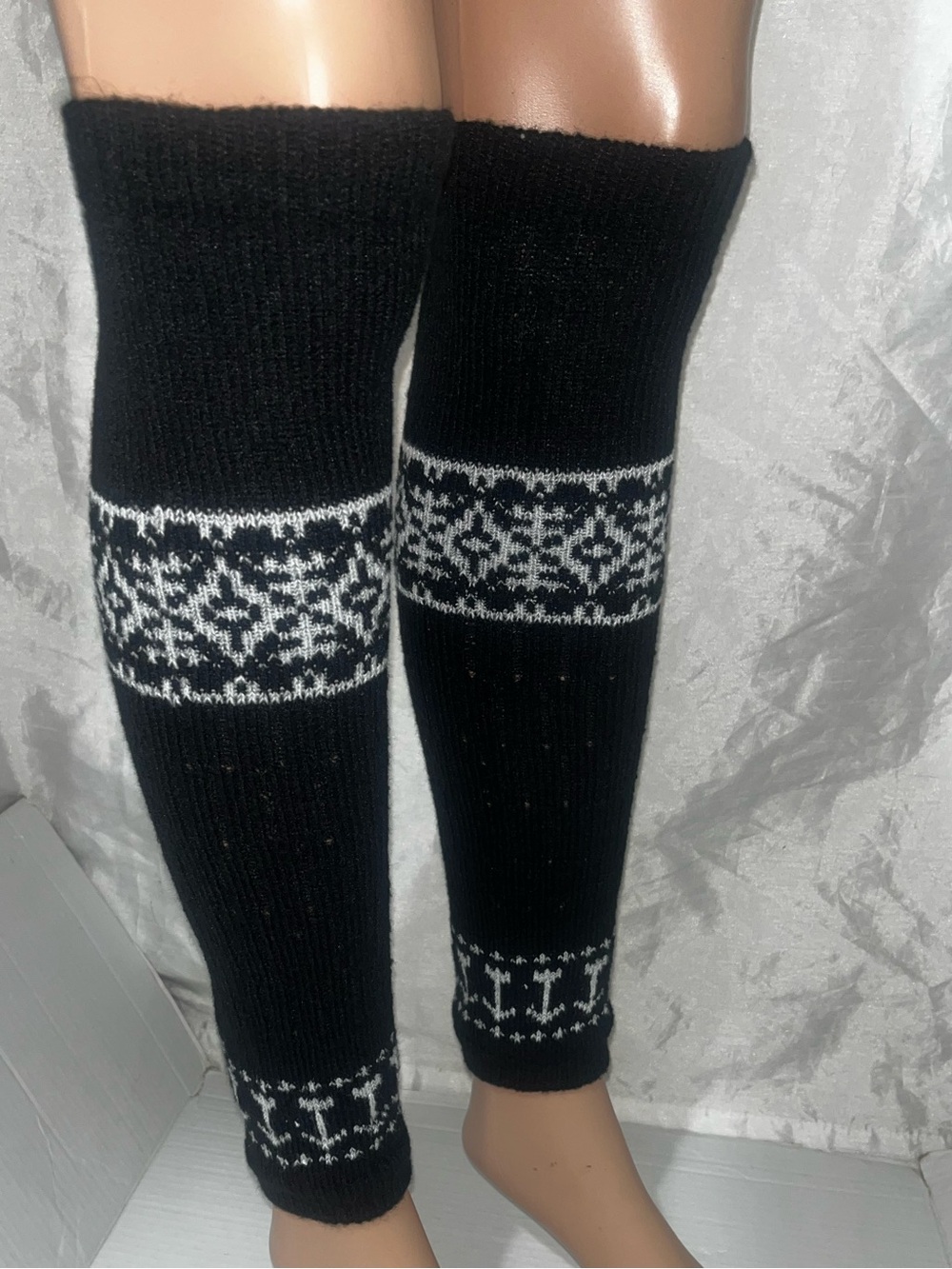 Women's Black & White Fair Isle Leg Warmers - Knit Winter Accessory